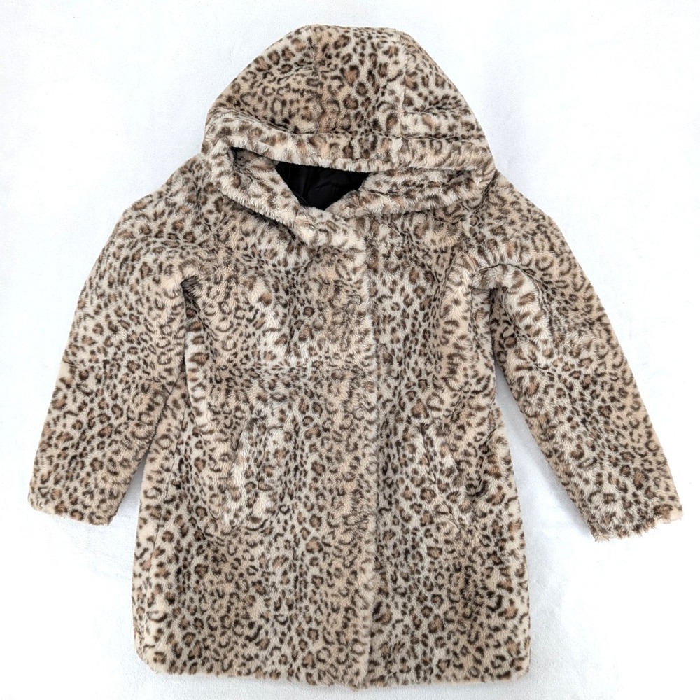 Sebby Collection Leopard Faux Fur‎ Hooded Coat Jacket Tan Brown Size S